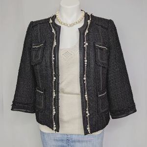 White House Black Market Charcoal Tweed Blazer with Pearl Trim